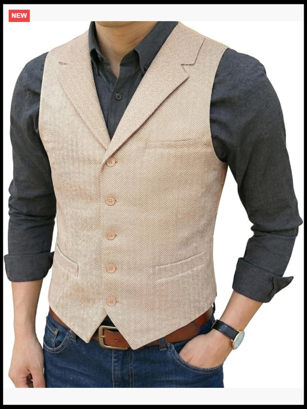 Tweed Herringbone Notched Lapel Formal Suit Vest Slim Fit